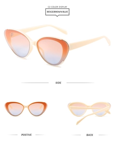 Three-view layout of chic beige cat-eye sunglasses with orange-blue gradient lenses