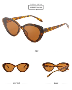 Detailed views of leopard cat eye sunglasses with brown lenses and tortoiseshell frame