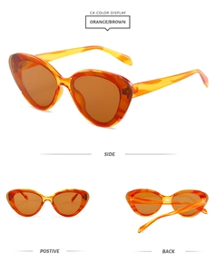 Three perspectives of trendy semi-rimless cat eye sunglasses in transparent orange frame