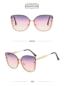 Detailed view of butterfly metal frame sunglasses with purple-pink gradient lenses