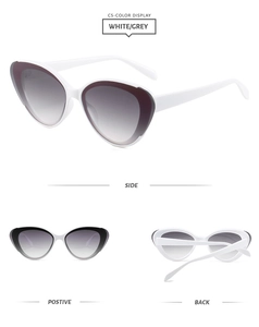 Cat eye sunglasses detail showing white frames and grey gradient lenses from multiple angles