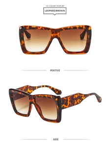 Detail view of square leopard print sunglasses with gradient brown lenses in two angles