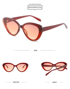 Detailed views of vintage cat eye sunglasses in brown pink gradient with semi-rimless frames