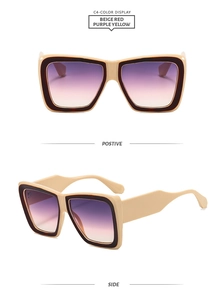 Front and side views of beige square sunglasses with purple gradient lenses and thick frames