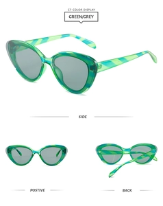 Three-angle detail of fashion cat eye sunglasses with green textured frames and grey lenses