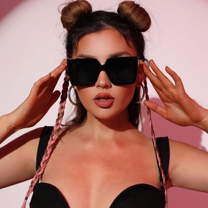 Chic black oversized square frame sunglasses for women with trendy thick plastic temples
