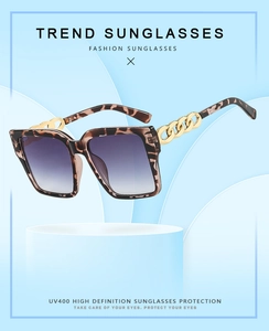 Close-up of leopard print square sunglasses featuring gold chain temples and UV400 lenses