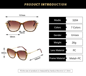 Detailed size chart of cat-eye sunglasses with tortoise frame and gold metal temples