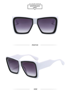 Front and side views of square contrast sunglasses with white frames and purple gradient lenses