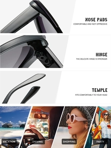Detailed views of cat eye sunglasses showing nose pads, hinges, and lifestyle wear scenarios