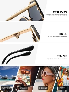 Detailed views of butterfly frame sunglasses showing nose pads, hinges and temple design