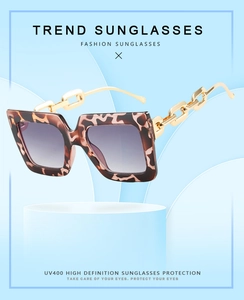Detail of tortoise shell square frames with stylish gold chain temples and UV400 lenses