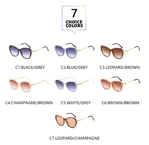 Detailed view of 7 color options for cat-eye sunglasses with slim metal temples