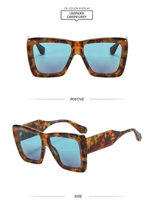 Detailed views of leopard print square sunglasses with gradient blue-grey lenses