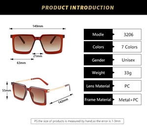 Detailliertes Diagramm der quadratischen Tortoise-Sonnenbrille mit Maßen und Spezifikationen