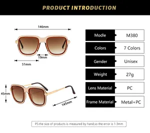 Detailed dimension chart showing frame width and lens size for square sunglasses