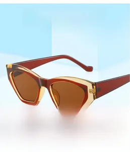 Detailed view of women's cat eye sunglasses with amber resin frames and brown lenses