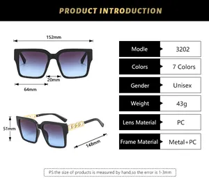 Detailed size chart for square frame sunglasses with gold chain temples and dimensions