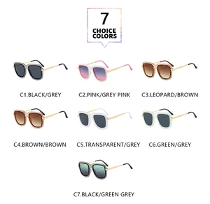 Close-up of square frame sunglasses showing seven color variants with metal temples