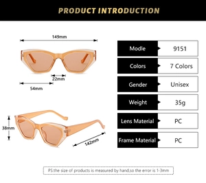 Detailed size chart of orange cat-eye sunglasses with technical dimensions and PC material specs