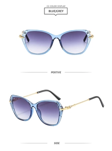 Front and side view of cat-eye sunglasses with blue frames and gold rhinestone temples