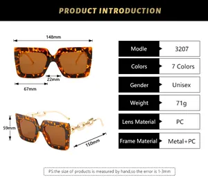 Detailed size specifications for square frame sunglasses with metal chain temples