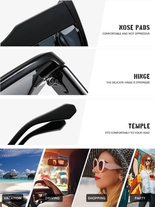 Detail view of comfortable nose pads, sturdy hinges and sleek temples on black sunglasses