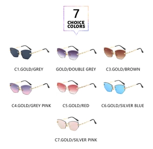 Detailed grid showing seven colorful rimless polygon sunglasses with gold metal temples