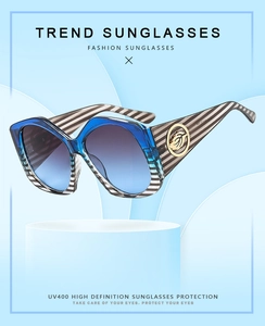 Détail de lunettes de soleil oversize dégradé bleu avec logo plume dorée et indice UV400