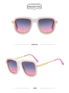 Detailed view of square gradient lenses with pink frames and gold metal temples