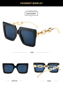 Three-view display of black square oversized sunglasses with golden chain temples