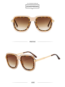 Detailed front and side views of square leopard print and champagne sunglasses