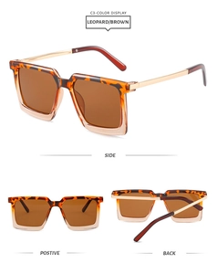 Drei-Wege-Ansicht der quadratischen Sonnenbrille mit Leopardenmuster und braunen Gläsern