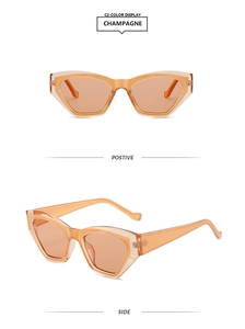 Champagne cat-eye sunglasses with geometric polygon frames and tinted lenses shown in dual views