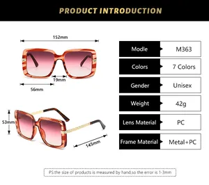 Detailed size chart for oversized square sunglasses showing frame and lens dimensions