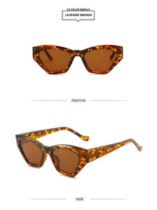 Detail view of leopard brown cat-eye sunglasses with front and side profile perspectives