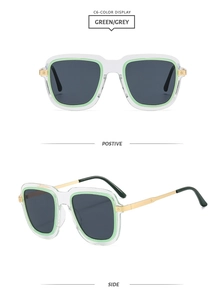 Detailed front and side view of oversized square green sunglasses with gold metal temples