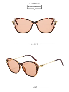Detail view of leopard print cat-eye sunglasses with gold metal temples and champagne lenses