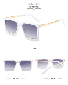 Detailansichten der weißen quadratischen Sonnenbrille mit goldenen Bügeln und lila Farbverlauf