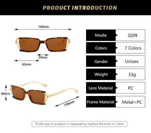 Size chart showing 149mm width and 33g weight for stylish rectangular metal sunglasses
