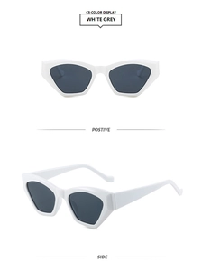 Detailed views of white cat-eye sunglasses with grey lenses and chunky retro frame