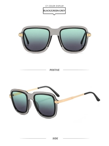Detailed front and side views of square sunglasses with translucent frames and metal temples