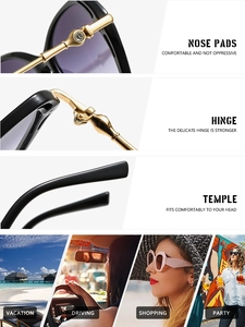 Detail view of rhinestone-decorated bridge, durable hinges, and stylish cat-eye sunglasses