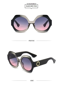 Vues détaillée de face et de profil de lunettes de soleil polygonales avec verres dégradés
