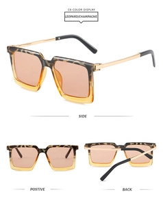 Drei-Ansichten-Layout der quadratischen Sonnenbrille in Leopard-Champagner mit Goldbügeln
