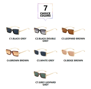 Grid display of vintage rectangular sunglasses in seven distinct colors and metallic frames
