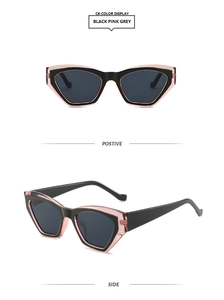 Detailed front and side views of two-tone cat-eye sunglasses in black and pink