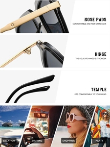 Detail view of square sunglasses with sturdy metal hinges and comfort nose pads for women