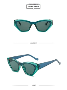 Front and side view of geometric cat-eye sunglasses with transparent green resin frames