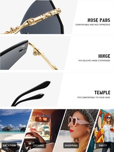 Detail of gold metal nose pads, reinforced hinges and gradient lenses on rimless sunglasses